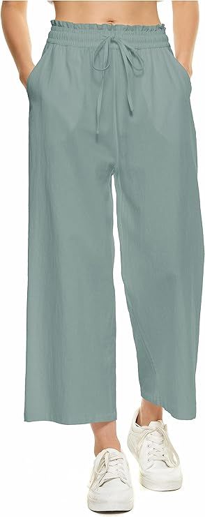 LNX Womens Wide Leg Linen Pants High Waisted Drawstring 100% Linen Flowy Crop Trousers with Pocke... | Amazon (US)