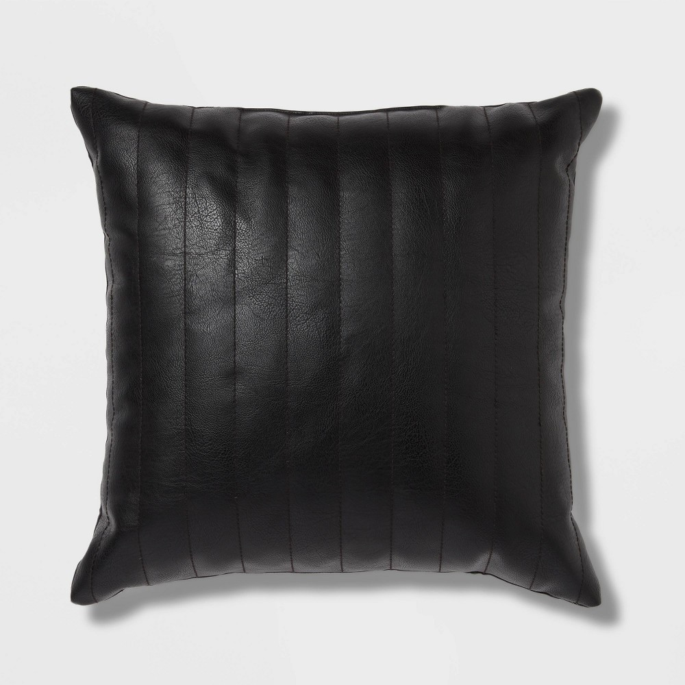 Square Faux Leather Channel Stitch Decorative Throw Pillow Black - Threshold | Target