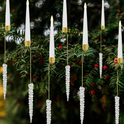 JOIONE Christmas Tree Candles with Hooks & Remote - 12 Pack LED Flickering Flameless Candles with Timer for Christmas Tree Decor - Acrylic Icicles Hook | Amazon (US)