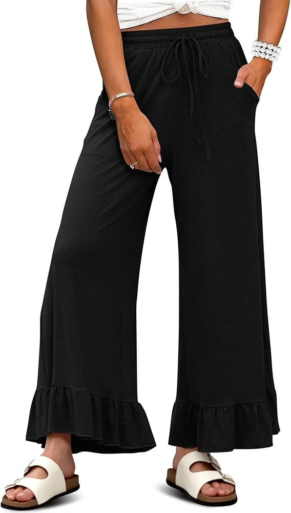 KISSMODA Womens Palazzo Lounge Pants Drawstring Elastic High Waisted Ruffle Hem Wide Leg Pants wi... | Amazon (US)