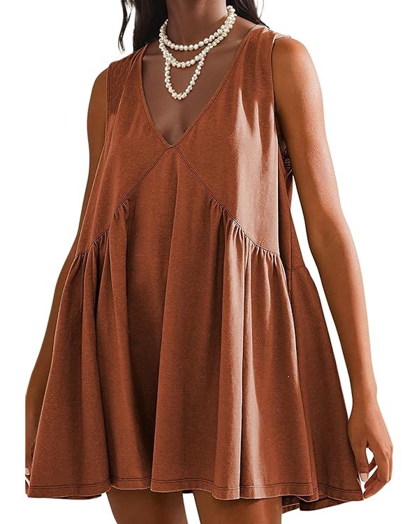 Eutten Womens Summer Sleeveless Mini Dress Casual Loose V Neck Sundress Swing Flowy Beach Dress w... | Amazon (US)