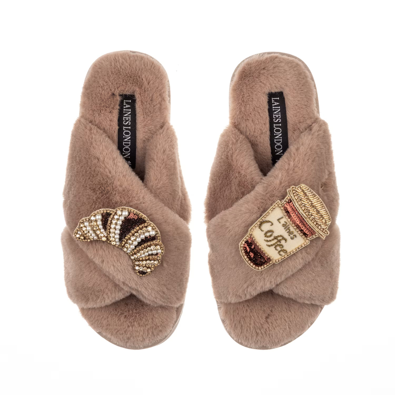 Classic Laines Slippers With Coffee Cup & Croissant Brooches - Toffee | Wolf & Badger