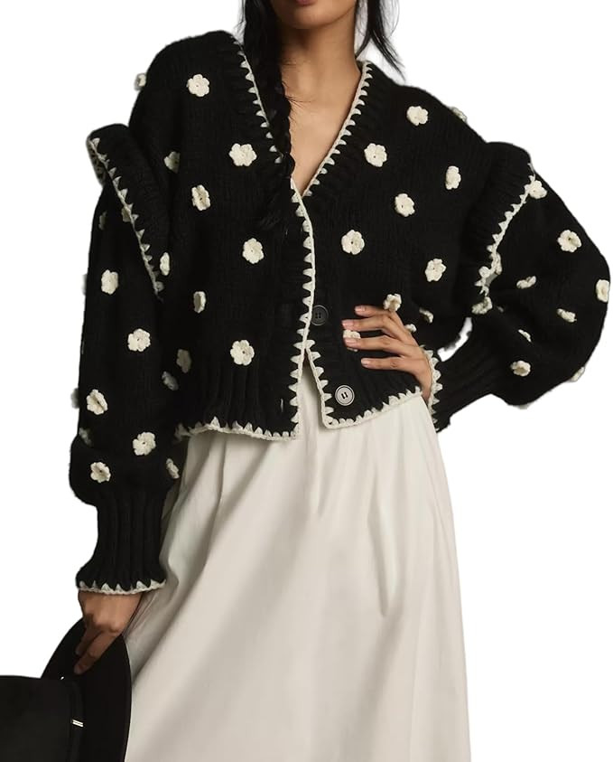 Womens Floral Cardigan Sweater Chunky Knit Drop Shoulder V Neck Button Down Embroidered Flower Ca... | Amazon (US)
