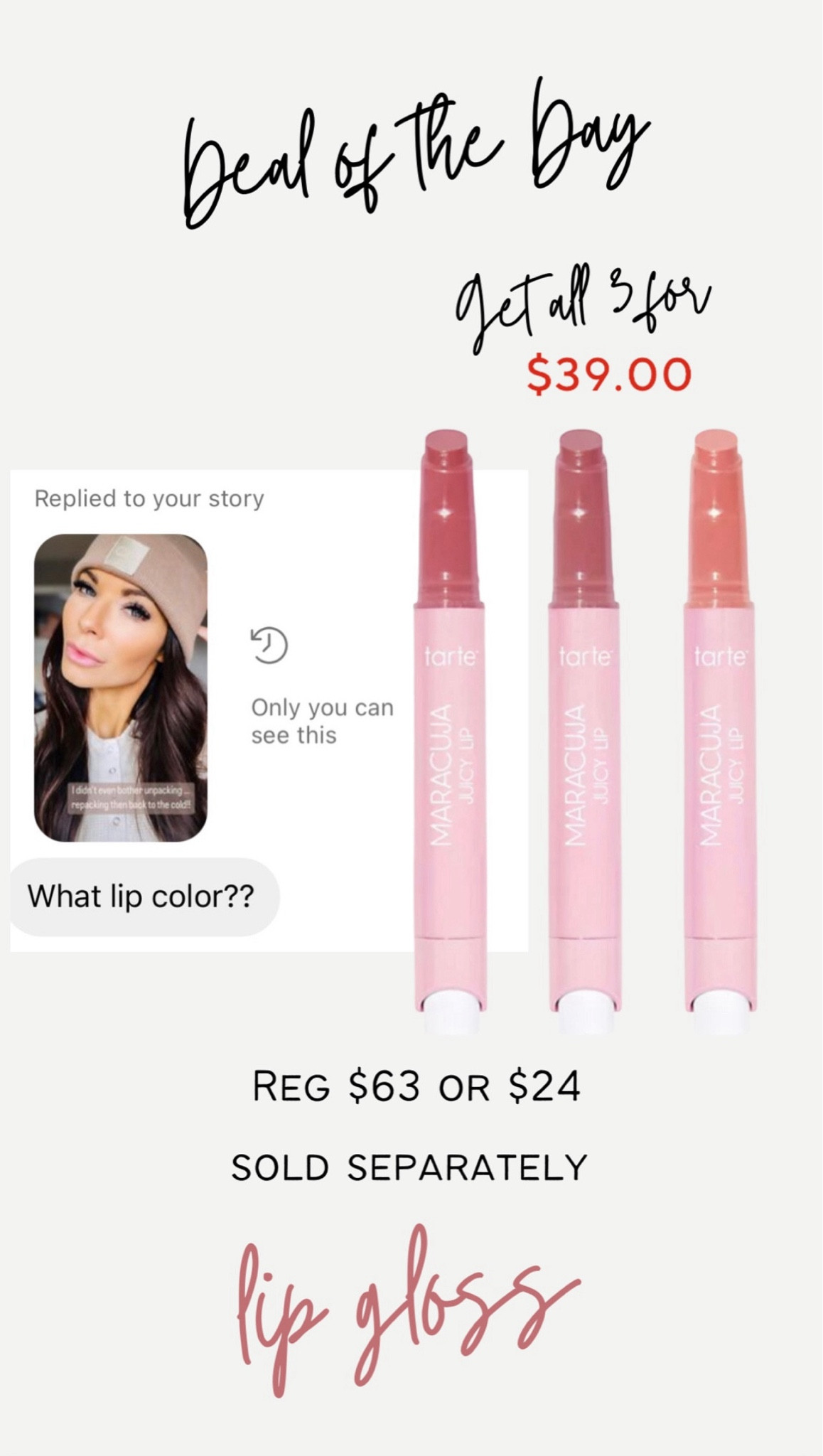 ✨Tarte Maracuja Juicy Lip Trio - deal of the day $39 for all 3!!

#qvc #tarte #maracujajuicylip #lipgloss #juicy #tartecosmetics #tartesale #dealoftheday #qvcdeals #juicylipgloss #qvcblackfriday #tartesale #tartedeals 
#LTKbeauty #LTKSale #LTKFind #blackfriday #cybermonday #toofaced #mascara #brow #toofacedsale #qvc #blackfridaydeals #lipgloss #plumplips 

#LTKCyberWeek #LTKGiftGuide #LTKHoliday