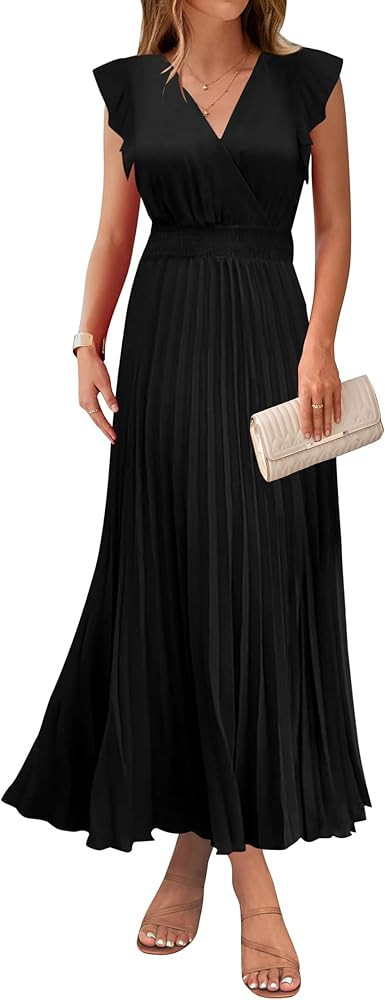 KIRUNDO Women's Summer Maxi Dresses Elegant V Neck Ruffle Flutter Sleeves Empire Waist Pleated Fl... | Amazon (US)