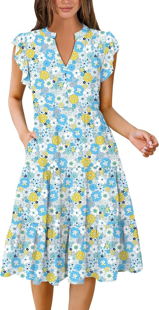 ANRABESS Womens Summer Dress Ruffle Sleeve V Neck Midi Dresses Fashion Casual Fit Flowy Tiered Bo... | Amazon (US)