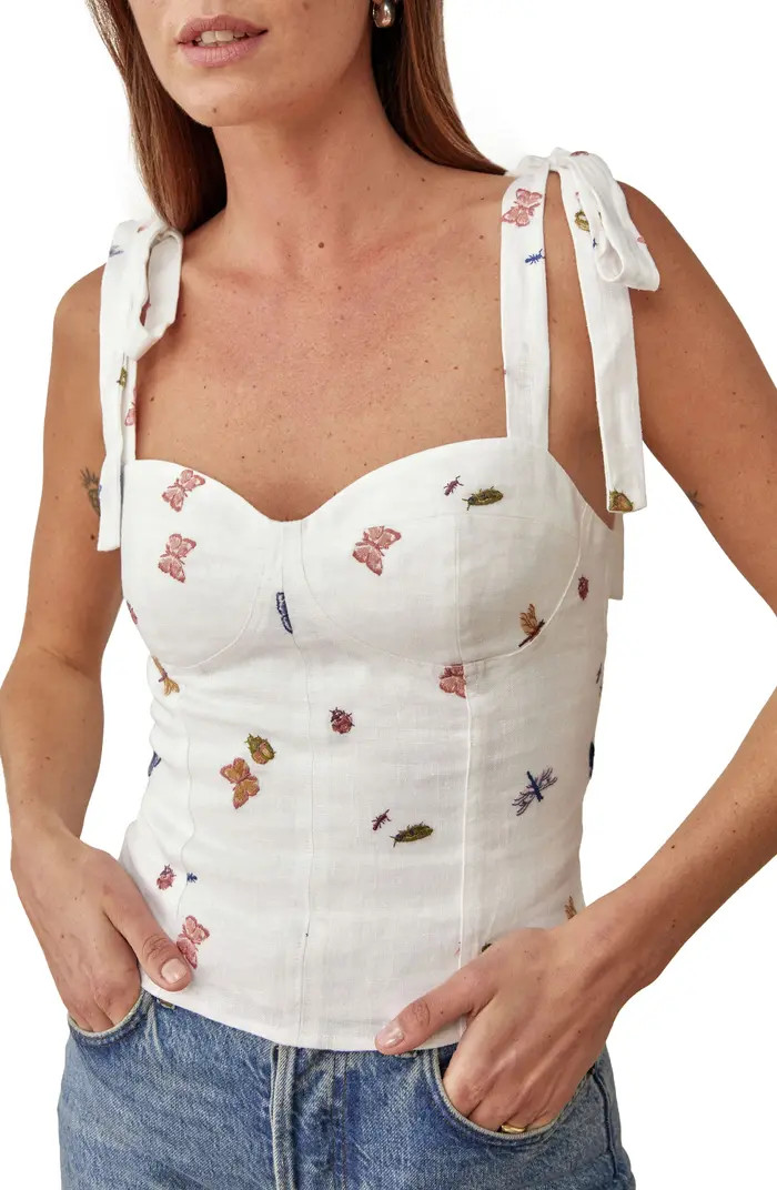 Reformation Jaxon Tie Shoulder Smocked Linen Tank | Nordstrom | Nordstrom