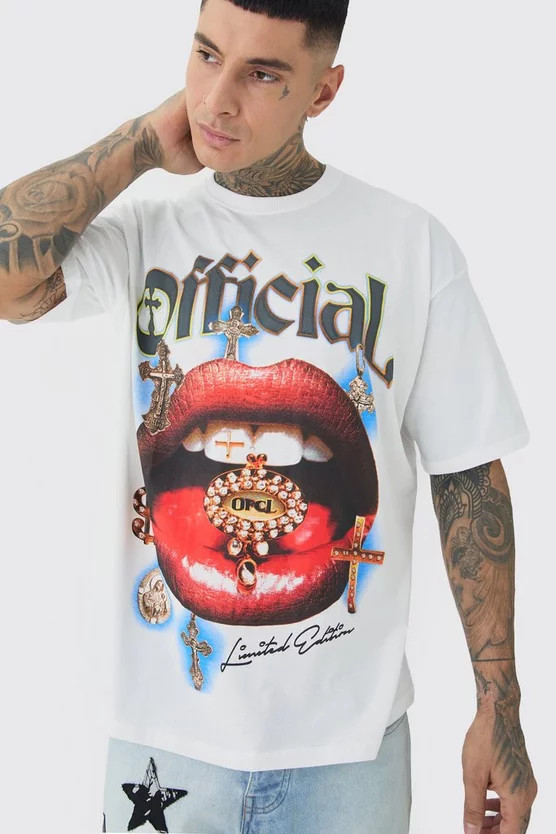 Tall weißes Oversize T-Shirt mit Official Lips Print | boohooMAN (DE, IE & UK)