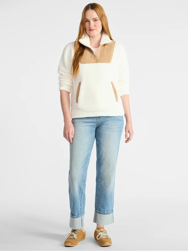 Time and Tru Women's Plush Fleece Quarter Zip Jacket with Corduroy Trim, Lightweight, Sizes XS-XX... | Walmart (US)