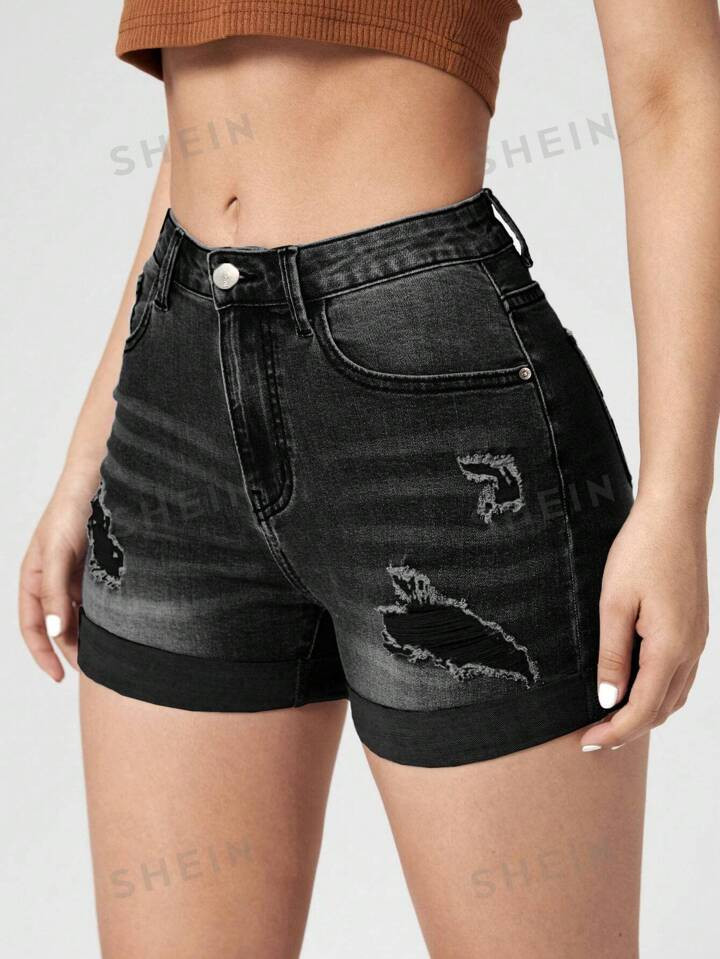 SHEIN EZwear Ripped Roll Up Hem Denim Shorts | SHEIN