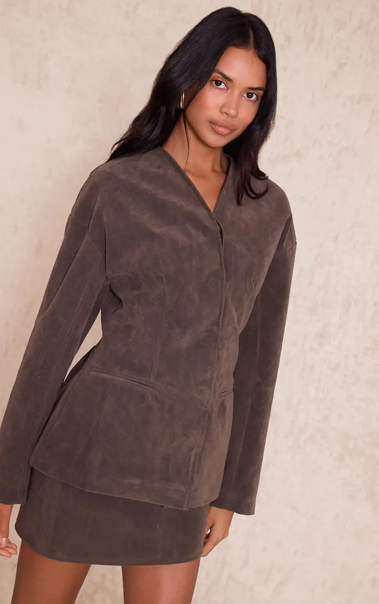 Khaki Suede Collarless Cocoon Sleeve Blazer | PrettyLittleThing US