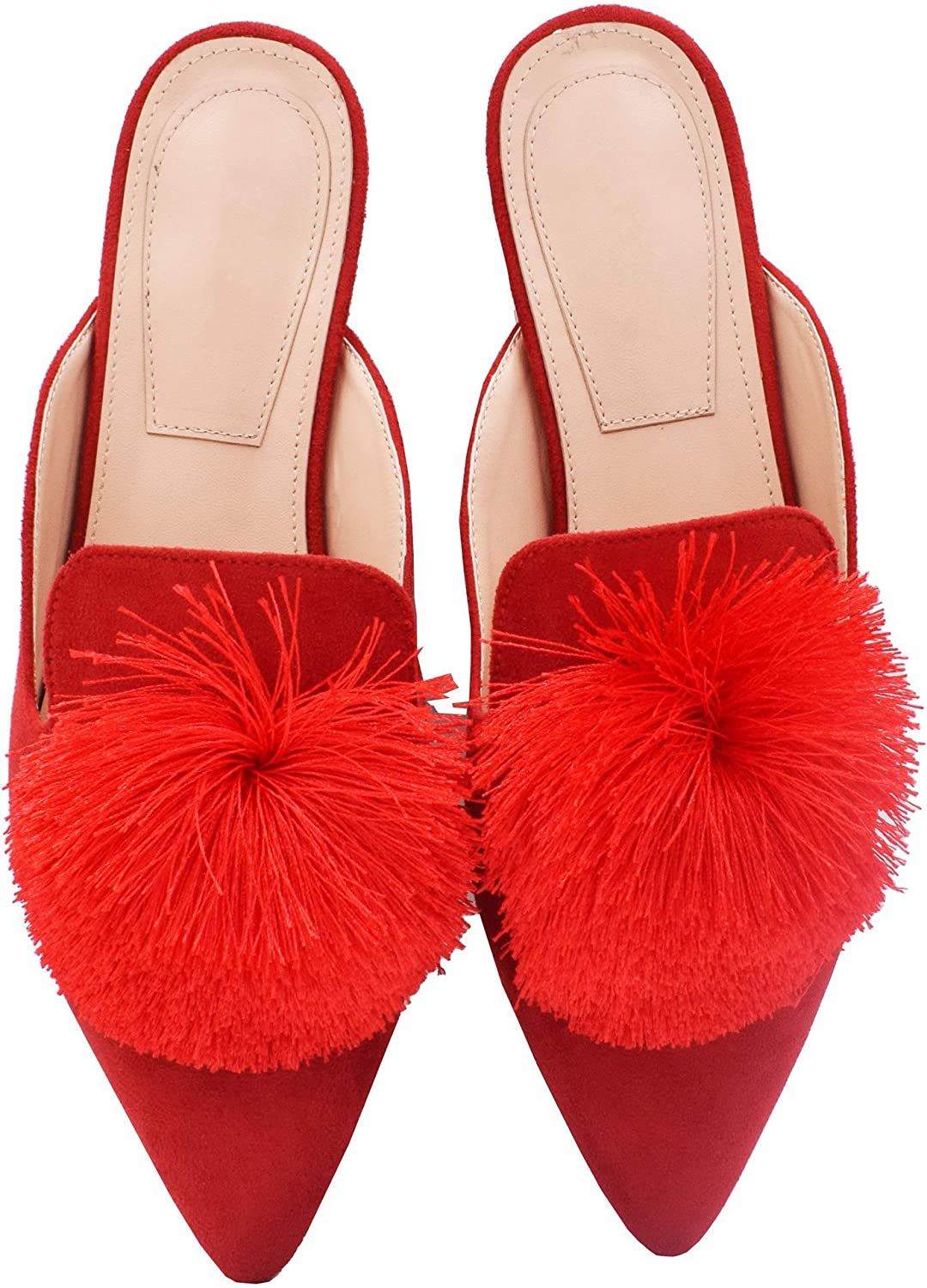 Fericzot Slip On Mule Backless Loafers Flats Puff Pompom Pointed Toe Casual Shoes Slippers | Amazon (US)