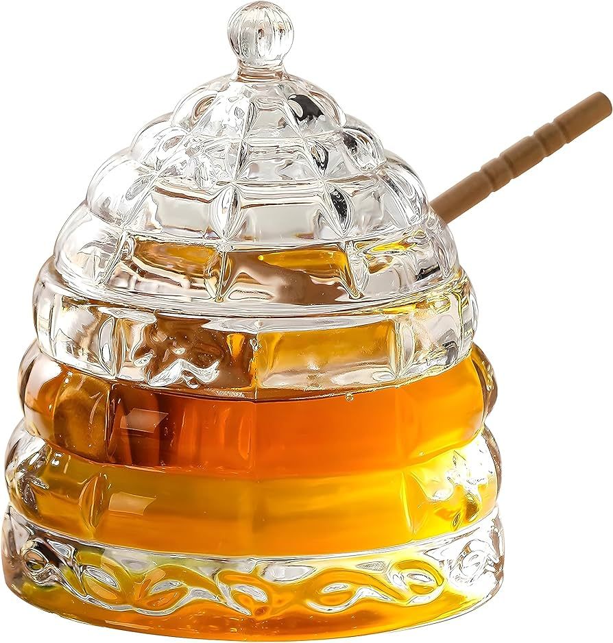 UBTKEY Glass Honey Jar - 10 oz Clear Beehive Honey Pot with Wood Dipper Stick, Lid Set - Elegant ... | Amazon (US)
