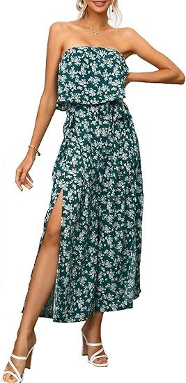 Amegoya Women's Sexy Off Shoulder Floral Print Romper Casual Drawstring Wide Leg Pants Jumpsuit | Amazon (US)