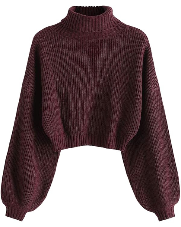 ZAFUL Women's Crew Neck Long Sleeve Pullover Crop Sweater Mock Neck Lantern Sleeve Ribbed Knit Cr... | Amazon (US)