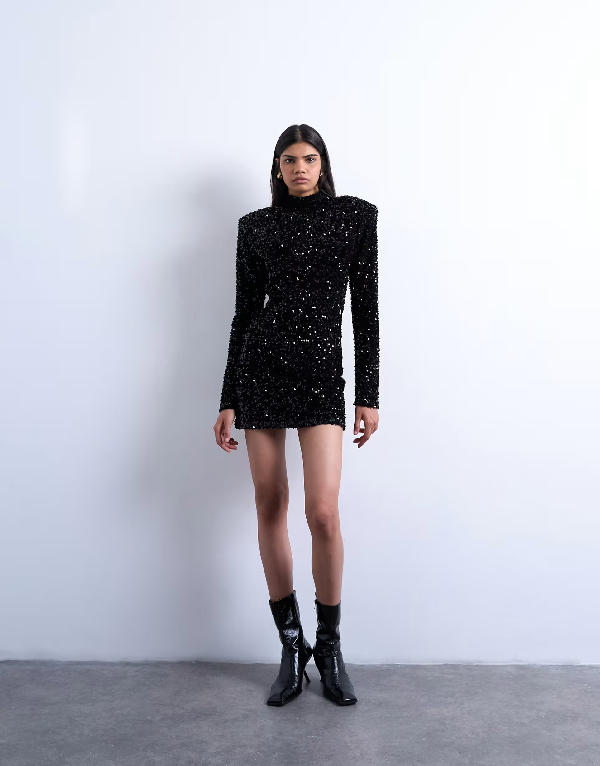 Topshop long sleeve velvet sequin mini dress with shoulder pads in black | ASOS (Global)