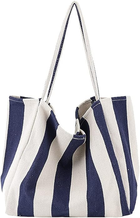Striped Canvas Tote Handbag for Women Vertical Stripe Large Capacity Shoulder Bag for Shopping Tr... | Amazon (US)