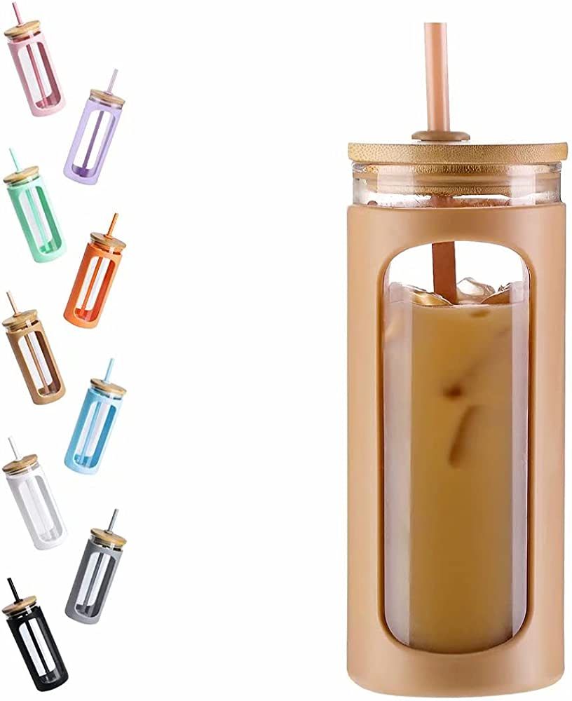 Kodrine 20oz Glass Water Tumble with Straw and Lid,Bamboo Lids Water Bottle, Iced Coffee Cup Reus... | Amazon (US)