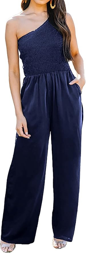 KIRUNDO Women's 2023 Summer Smocked One Shoulder Jumpsuits High Waist Solid Casual Sleeveless Wid... | Amazon (US)