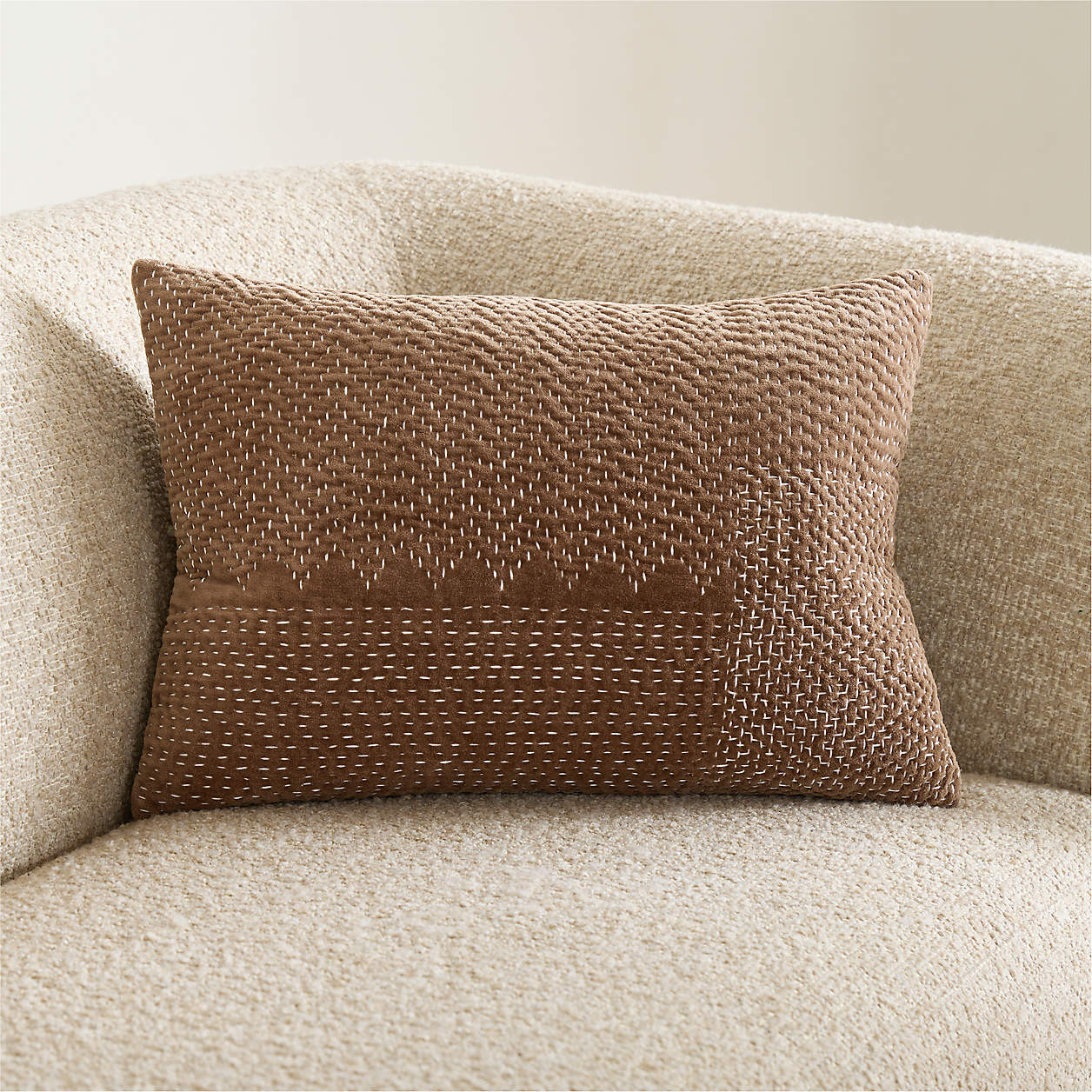 Sashiko Organic Cotton Velvet 22"x15" Chocolate Brown Throw Pillow Cover + Reviews | Crate & Barr... | Crate & Barrel