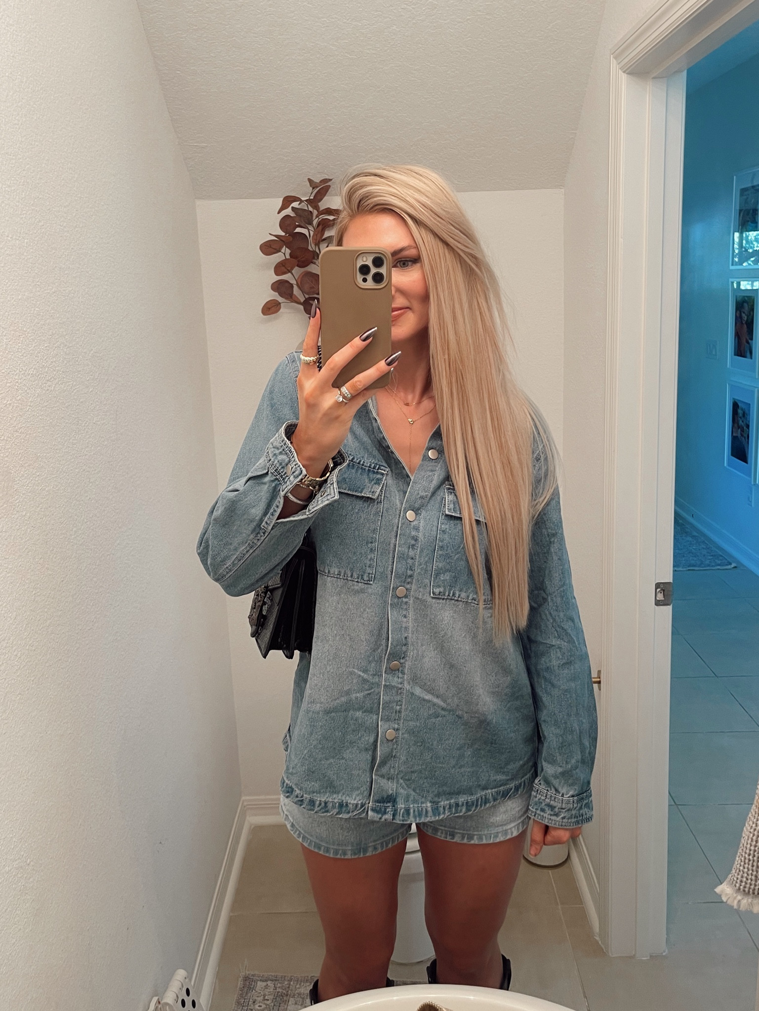 Denim on denim outfit.
Denim shacket- large. Should have gotten XL. But I still love it! Has snaps instead of buttons. 
Abercrombie Denim shorts- 27 curve love 
Walmart cowgirl boots- tts

Easy outfit, fall outfit, casual outfit. Amazon fashion, country concert outfit