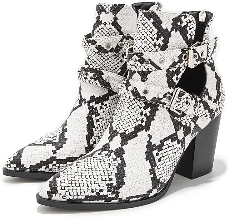 LALA IKAI Snakeskin Ankle Boots for Women Pointed Toe Hollow Out Buckle Chunky Mid Heel Booties w... | Amazon (US)