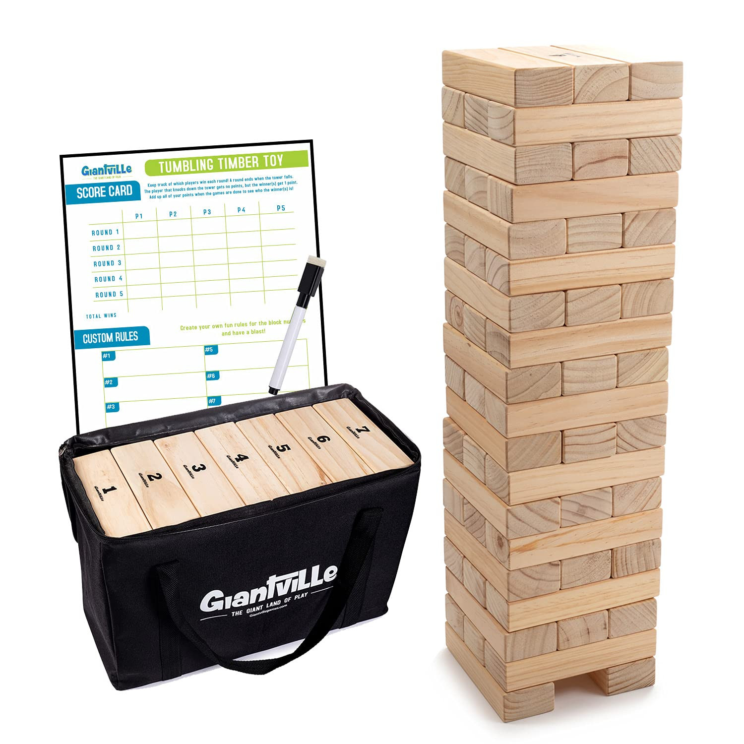 Giantville Giant Tumbling Timber Toy - Premium Pine Wood Life-Size Blocks Tower - Big Outdoor/Indoor Floor/Board Yard Game for Kids & Adults - 56-Pieces + Carry/Storage Bag - Grows to Over 4-Feet | Amazon (US)