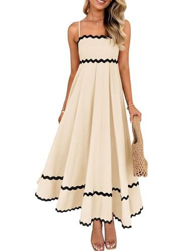 ZESICA Women's 2025 Summer Spaghetti Straps Sleeveless Backless Sundress Flowy Smocked Lace Swing A Line Midi Dress,Apricot,Medium | Amazon (US)