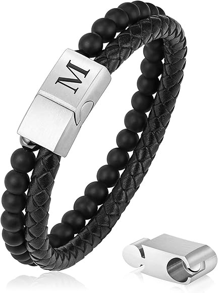 LUXEJEW Valentines Day Gifts for Him - Mens Bracelet, Beaded Leather Initial Bracelet 6mm Matte A... | Amazon (US)