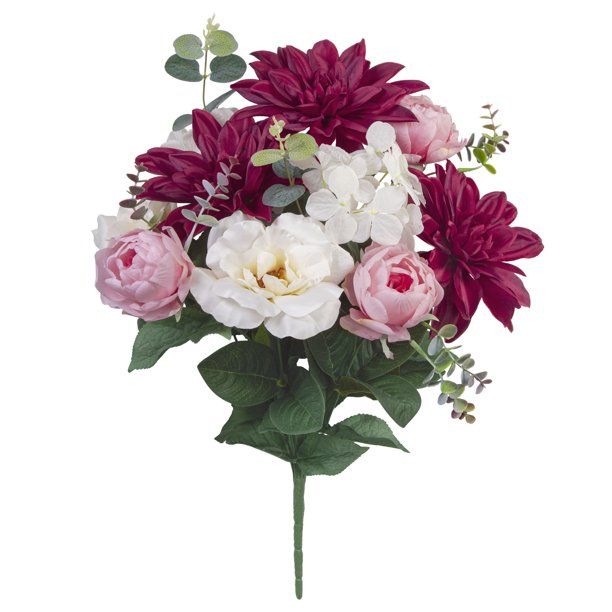 Mainstays Dahlia, Tea Rose Mix Bouquet, Mixed, White & Burgundy, 19" | Walmart (US)