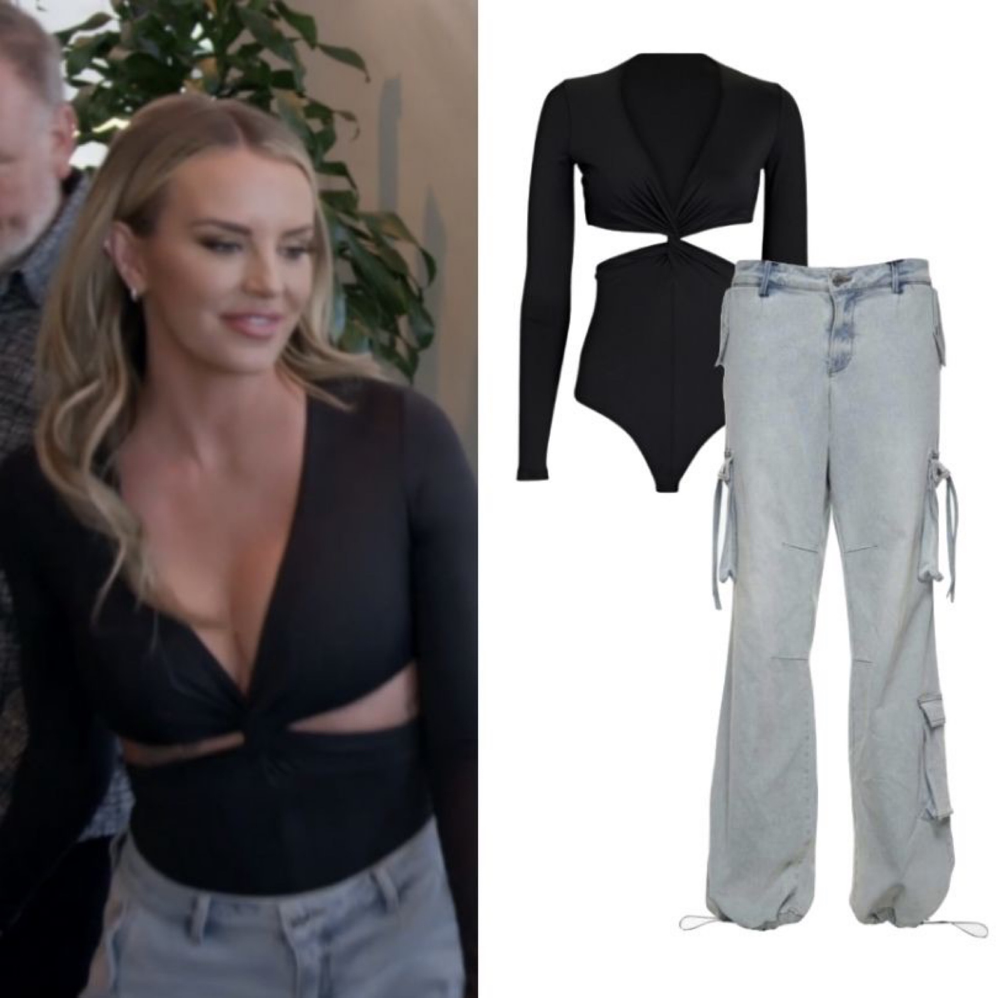 Whitney Rose’s Black Twist Cutout Bodysuit and Cargo Jeans 