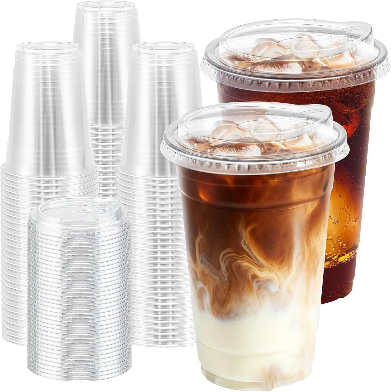 20 oz 100 Pack Plastic Cups with Lids Disposable Iced Coffee Cups | Amazon (US)
