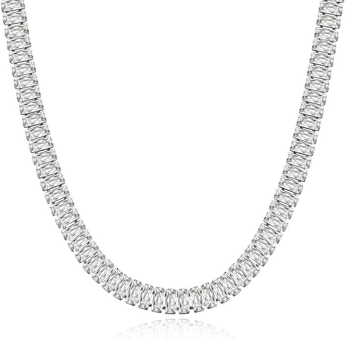 KissYan Diamond Tennis Necklace for Women, 14K/White Gold Plated Cubic Zirconia Baguette Tennis C... | Amazon (US)