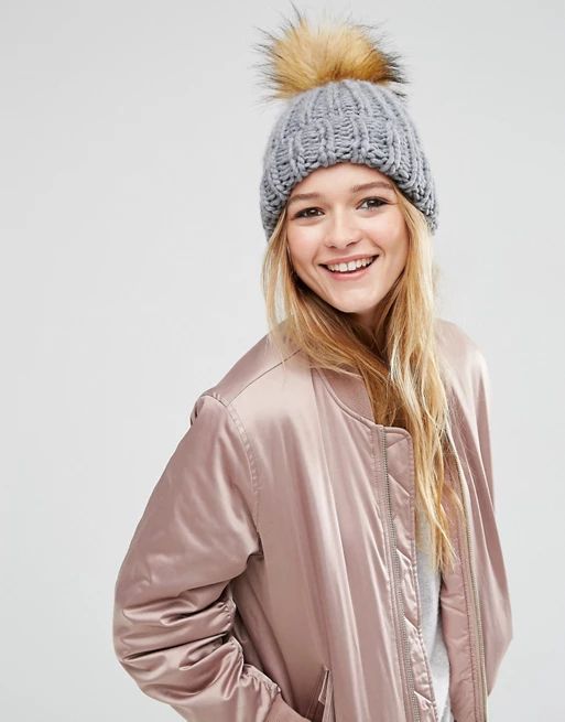 ASOS Chunky Knit Beanie with Faux Fur Pom | ASOS US