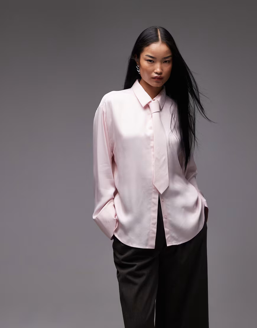 ASOS DESIGN satin oversized shirt with tie in pink | ASOS (Global)