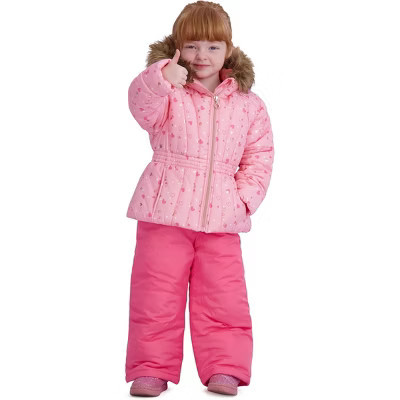 Rothschild Little Girls' Foil Print Ski Jacket and Snowbib Snowsuit Set, Coral Hearts, 4 | Target