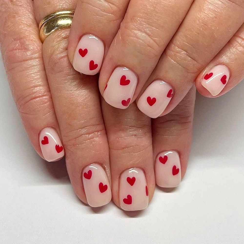 Valentines Press on Nails Short Square Shaped Fake Nails Red Heart Love False Nails Designs Pink ... | Amazon (US)