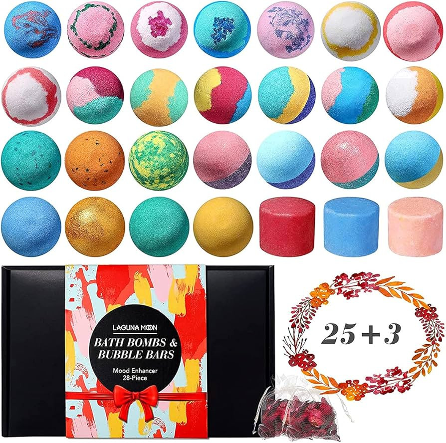 Bath Bombs - 25 Extra Large Pcs + 3 Bubble Bars & Dried Flowers - Bubble Bath Shower Salts for Wo... | Amazon (US)