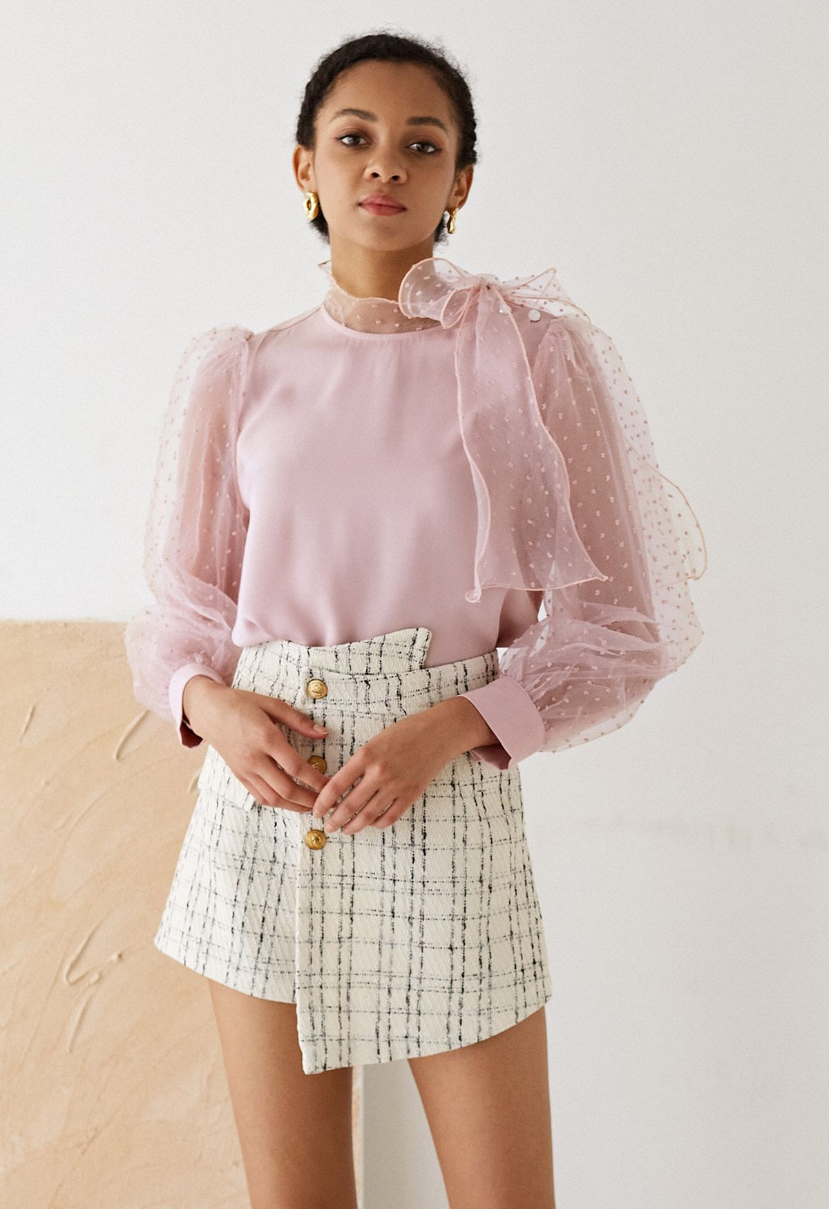 Flock Dots Organza Bubble Sleeve Bowknot Satin Shirt in Pink | Chicwish