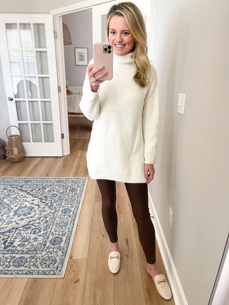 Love this tunic turtleneck sweater paired with faux leather leggings! Wearing the size XS sweater and small leggings  

#LTKunder100 #LTKSeasonal #LTKstyletip