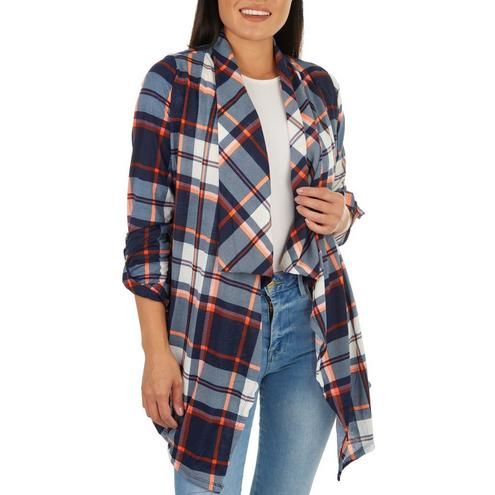 Women's Plaid Drape Front Cardigan - Blue Multi-Blue Multi-1823337853541   | Burkes Outlet | bealls