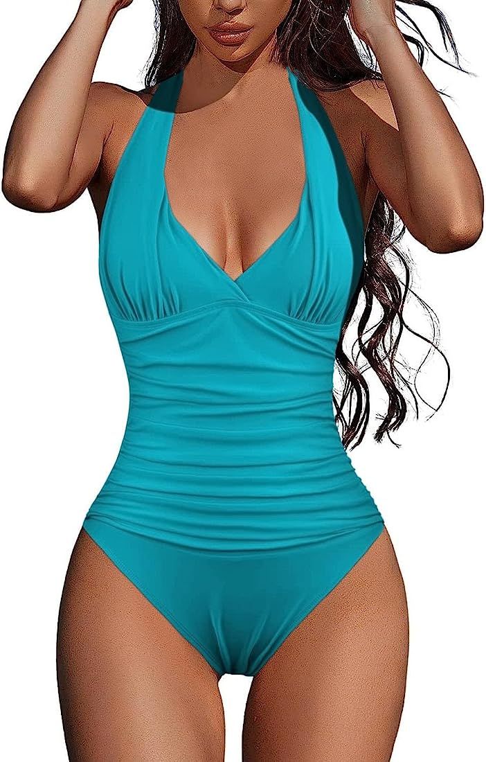Hilor Women's Halter One Piece Swimsuits Sexy V Neck Monokini Swimwear Ruched Tummy Control Bathi... | Amazon (US)