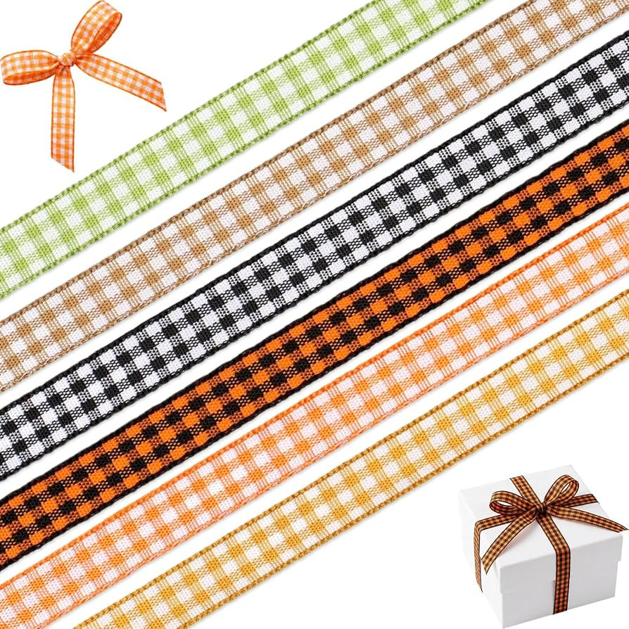 6 Rolls Fall Gingham Ribbon 3/8 Inch x 3 Yards, Autumn Harvest Plaid Thin Fabric Ribbon for Thank... | Amazon (US)