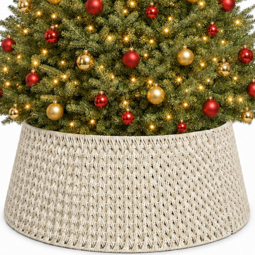 Inside Out Home 27in Christmas Tree Collar, 4-Piece Woven Holiday Tree Skirt, Protects Tree Base from Pets, White Xmas Decoration | Amazon (US)
