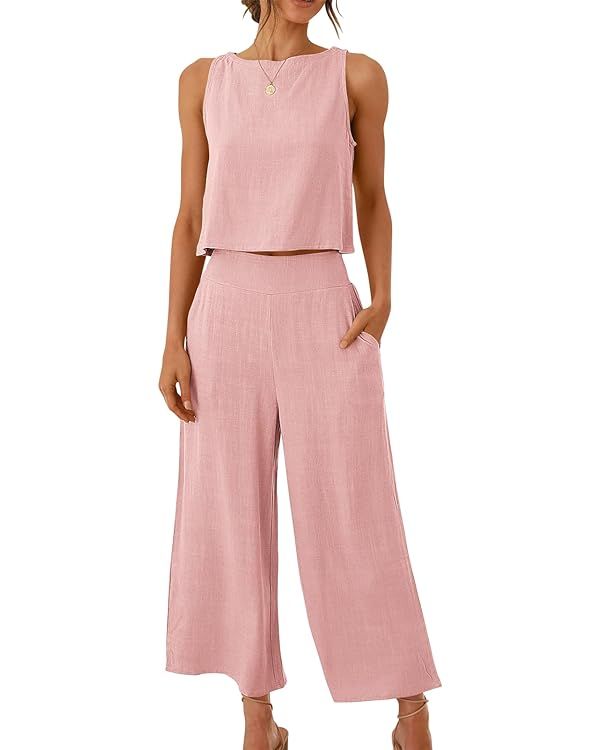 ANRABESS Women's Summer 2 Piece Outfits Sleeveless Crop Top Capri Wide Leg Pants Jumpsuit Linen L... | Amazon (US)