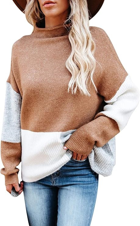 Women Color Block Pullover Sweater Mock Neck Long Sleeve Fall Casual Loose Knit Top | Amazon (US)