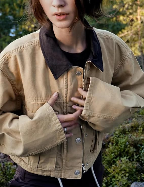 Womens Cropped Jacket Contrast Collar Utility Coat Cargo Jacket Barn Jacket Outwear with Pockets | Amazon (US)