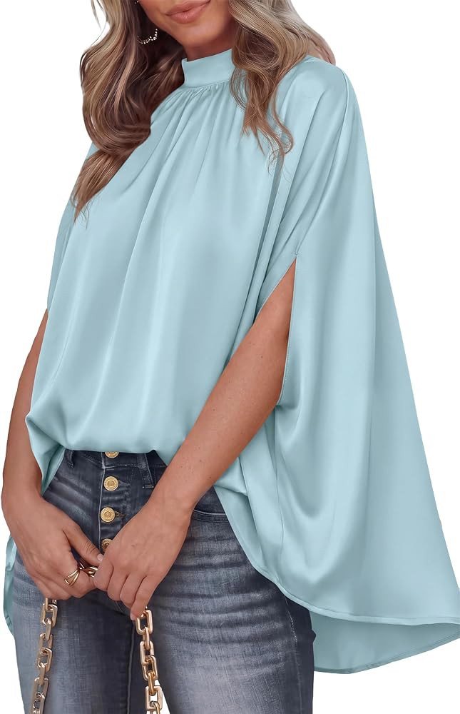 BTFBM Womens Summer Tops 2026 Mock Neck Batwing Sleeve Silk Satin Shirts Loose Oversized Dressy C... | Amazon (US)