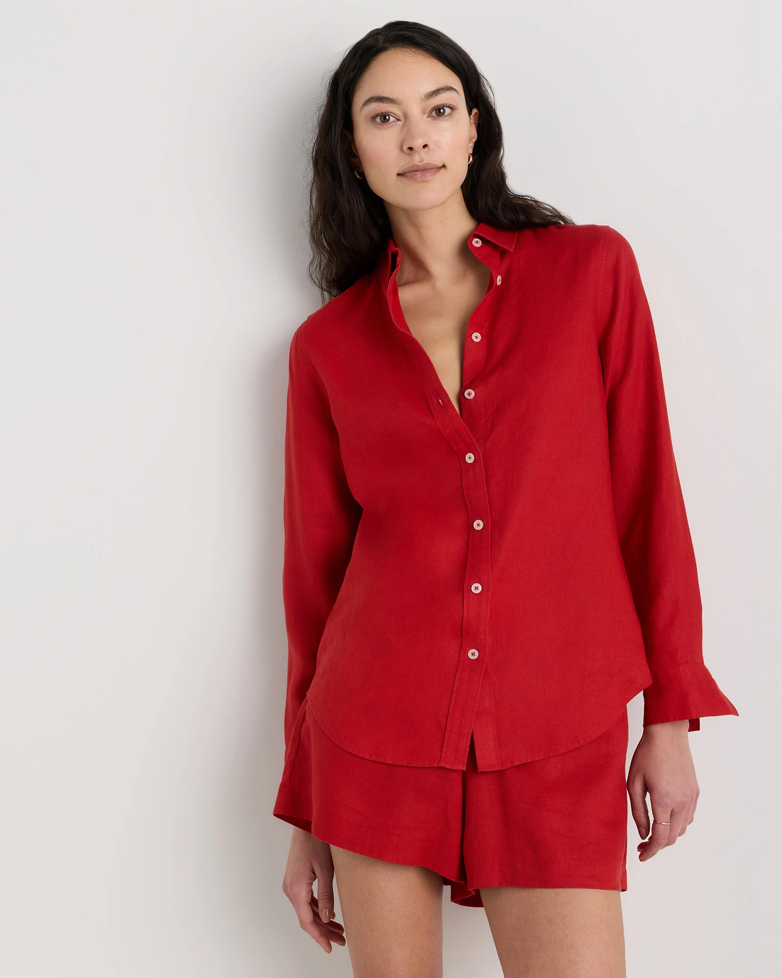 Quince | Women's 100% European Linen Long Sleeve Shirt in Blue Pinstripe, Size Medium | Quince