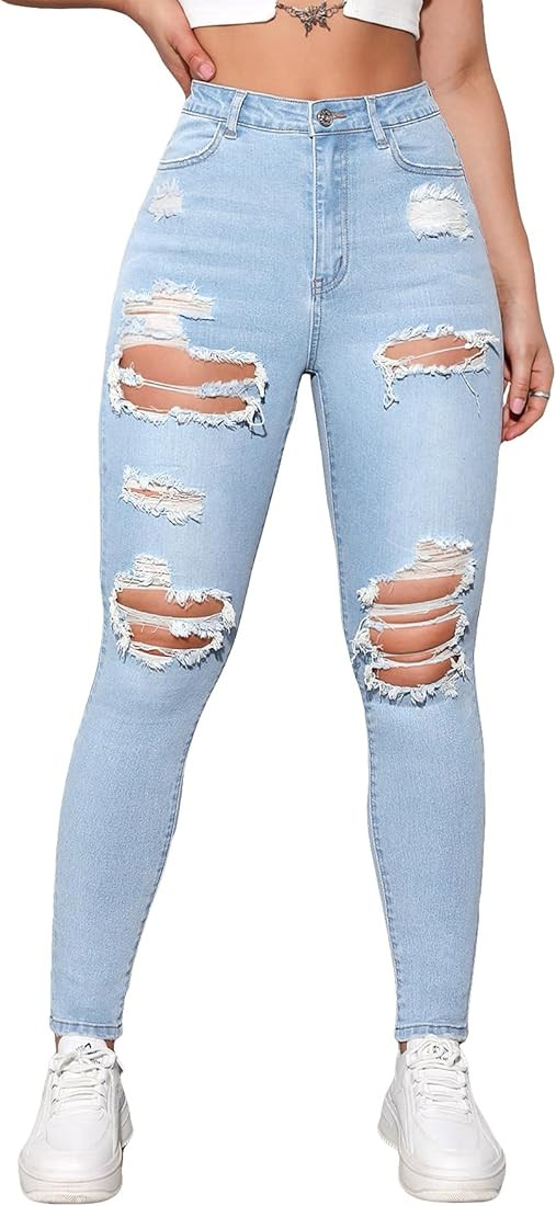 Floerns Women's Stretchy Ripped Skinny High Waist Denim Jeans with Pockets | Amazon (US)